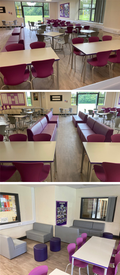 Crea Breakout Chairs and Stools, CCT1150 4 Legged Tables, Square Placer Seats, Jade Modular Sofas in Purple